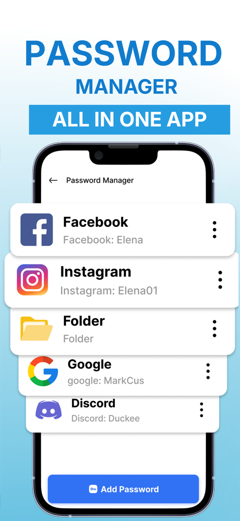 Oberfläche der Passwort-Manager-Funktion mit einer Liste gespeicherter Konten für soziale Medien und Produktivitäts-Apps
