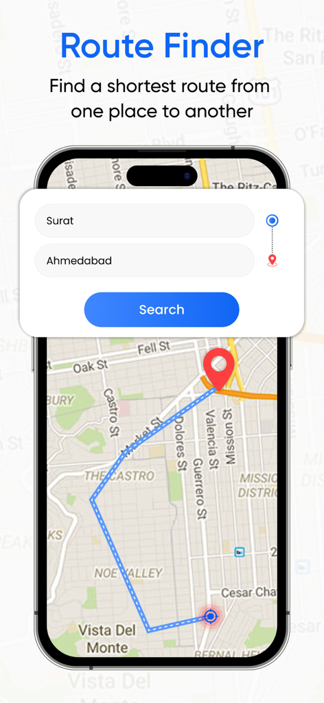 Street View Live 360 Map View - Mobile app screen showing the Route Finder feature with a map navigation path and destination search fields