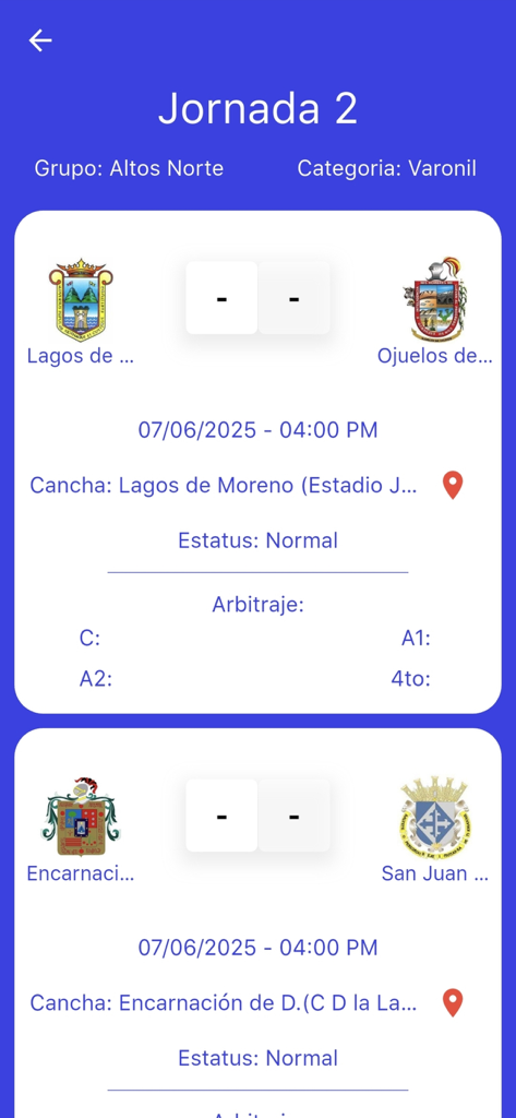 Copa Jalisco - A screenshot of the Copa Jalisco app showing the soccer match schedule for Jornada 2.