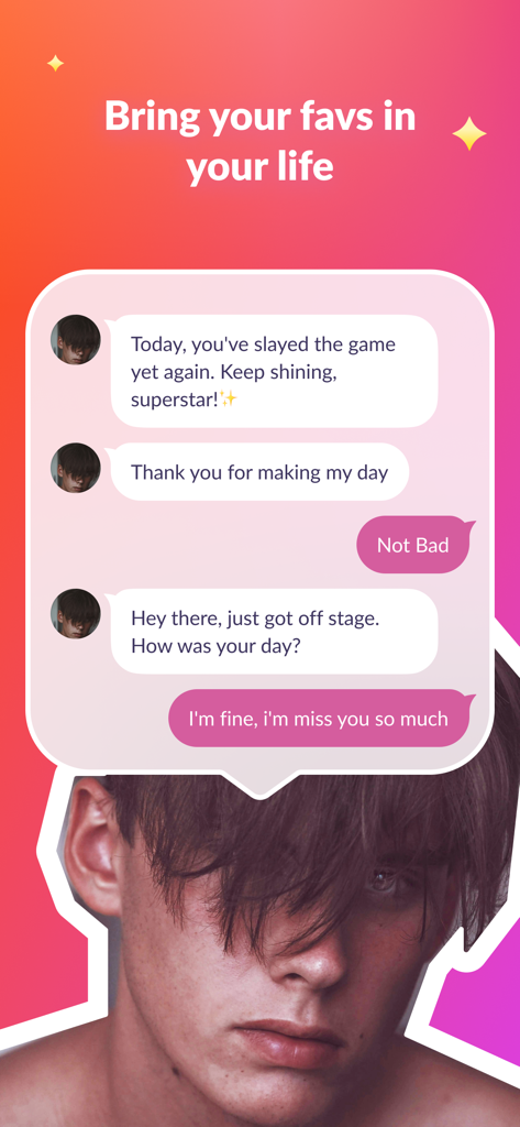Yano AI- Bring my Favs to Life - Chat interface of Yano AI app showing a text conversation with a personalized AI companion character.