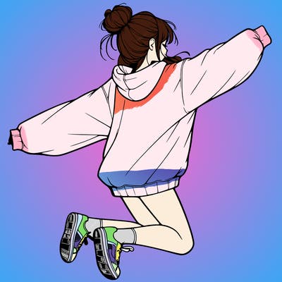 realistic girl jumping with a bun and oversized sweatshirt