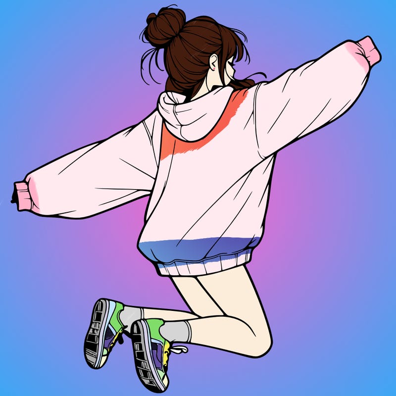 realistic girl jumping with a bun and oversized sweatshirt