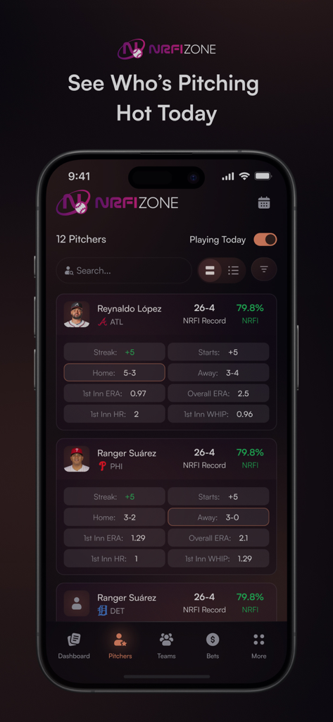 NRFI Zone - NRFI Zone app showing detailed MLB pitcher analytics including first inning ERA and WHIP statistics
