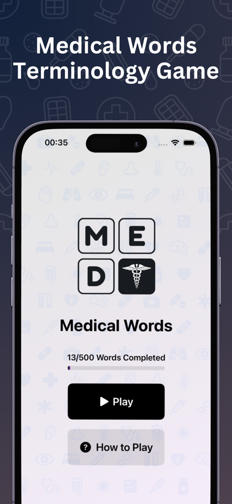 Medical Words: Puzzle Game - Medical Words puzzle game home screen with play button and progress bar