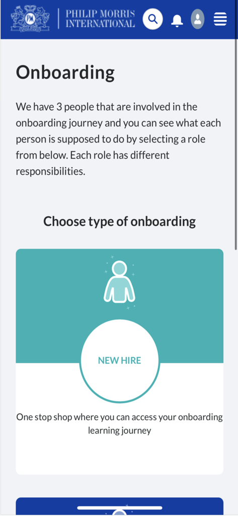 My-PMI - The onboarding section of the My-PMI app showing a selection for new hire learning journeys.