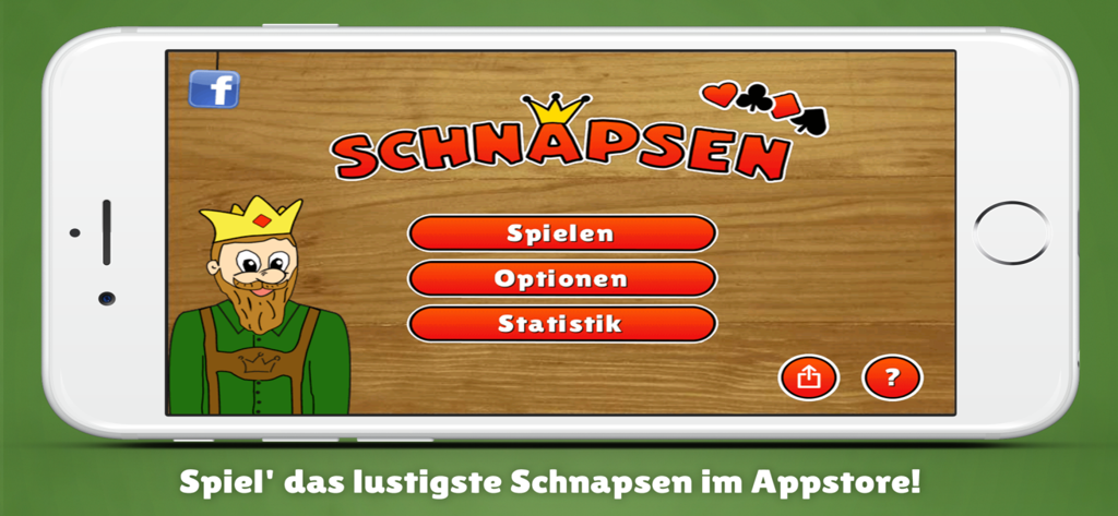 Main menu of the Schnapsen App on an iPhone featuring a cartoon king and game options