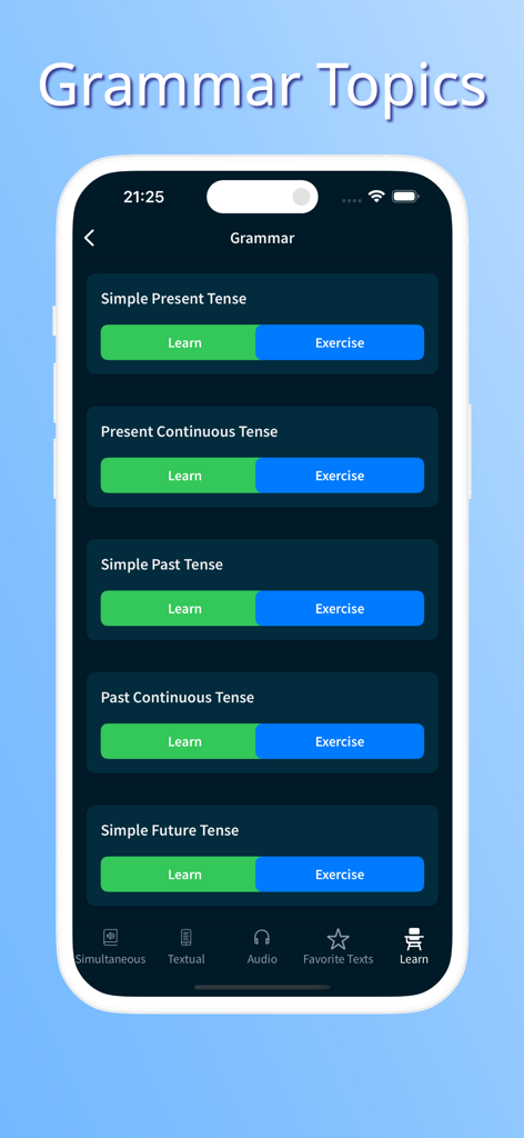 English Reading & Audio Books - Mobile app interface showing English grammar topics with learn and exercise options for various tenses