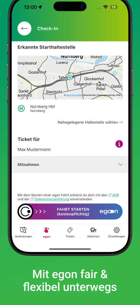 VGN Fahrplan & Tickets - Smartphone screen showing the VGN app egon check-in interface with a map of Nuremberg.