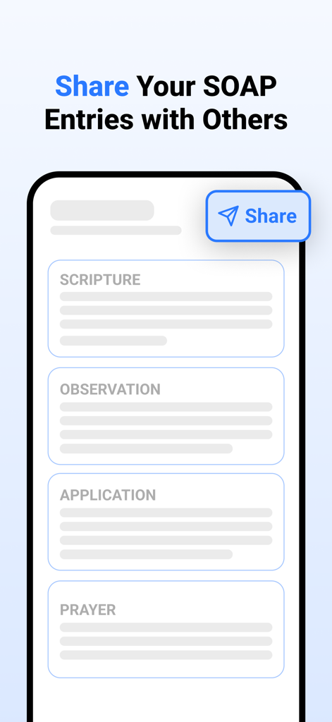 Daily SOAP - Bible reading app - Interface of Daily SOAP app showing a share button and sections for Scripture Observation Application and Prayer entries