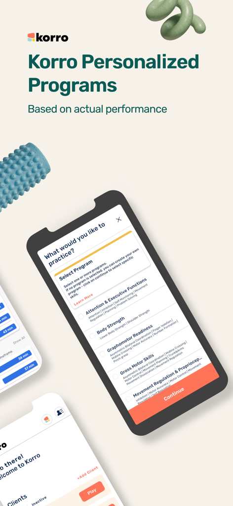 Korro - Interface de l'application Korro montrant des catégories de programmes d'ergothérapie personnalisés pour les enfants