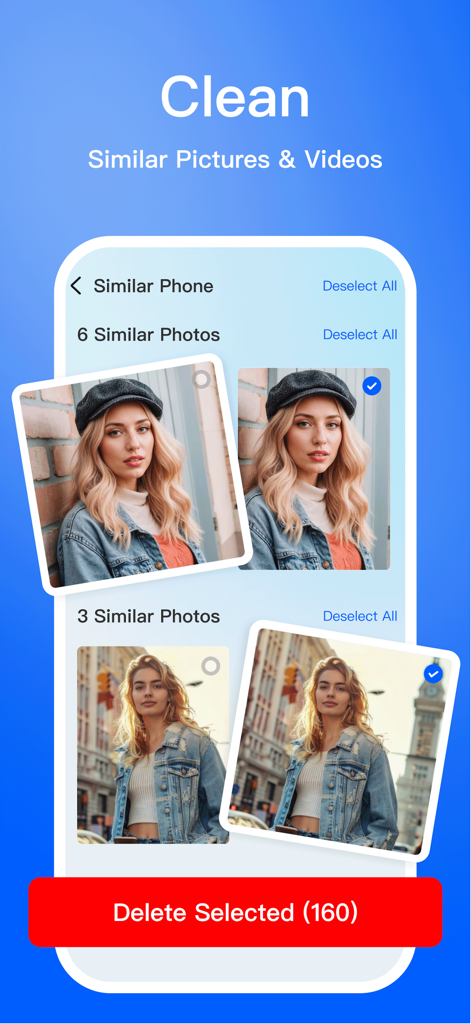 Storm Cleaner-Clean up storage - Interface of Storm Cleaner app showing groups of similar photos selected for one-tap deletion to reclaim storage space