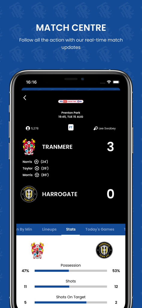Tranmere Rovers FC - Centro de jogos do aplicativo oficial do Tranmere Rovers exibindo placar e estatísticas da partida