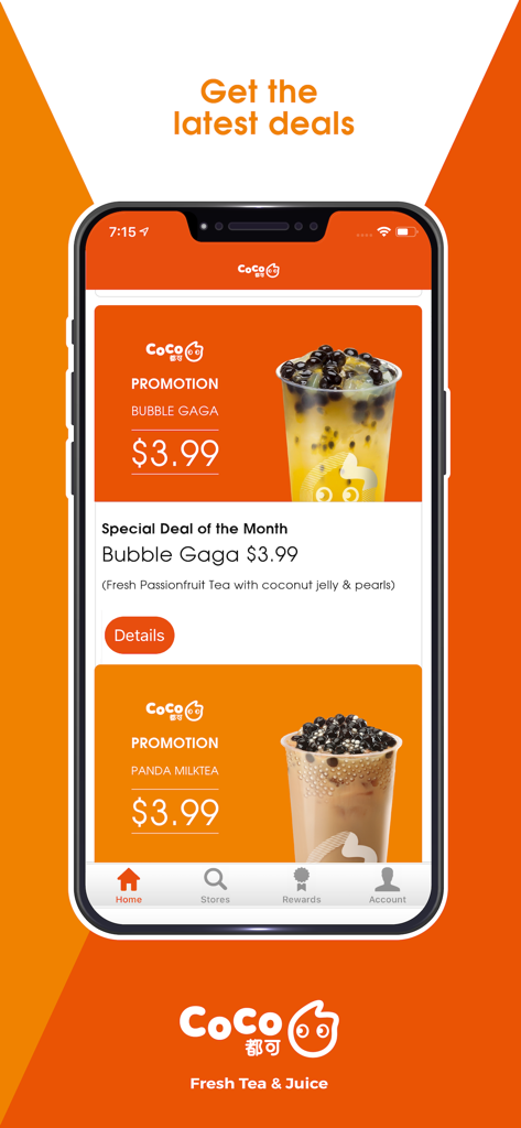CoCo Bubble Tea Ontario - Pantalla de promociones de la aplicación CoCo Bubble Tea Ontario que muestra precios con descuento para las bebidas Bubble Gaga y Panda Milktea.