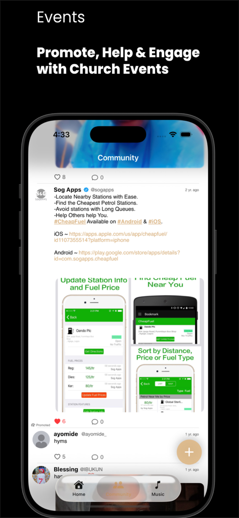 CSHymns - Community section of the CSHymns app showing church events and social interactions