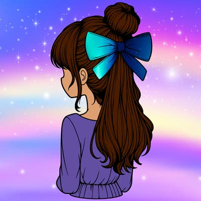 realistic girl  with hip length hair a bun and a big bow on the back of head