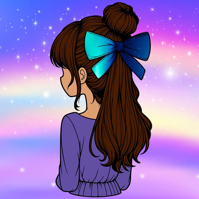 realistic girl  with hip length hair a bun and a big bow on the back of head