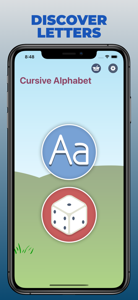 Handwriting Tracing Practice - Pantalla principal de la aplicación Handwriting Tracing Practice que muestra opciones para el alfabeto cursivo y juegos.