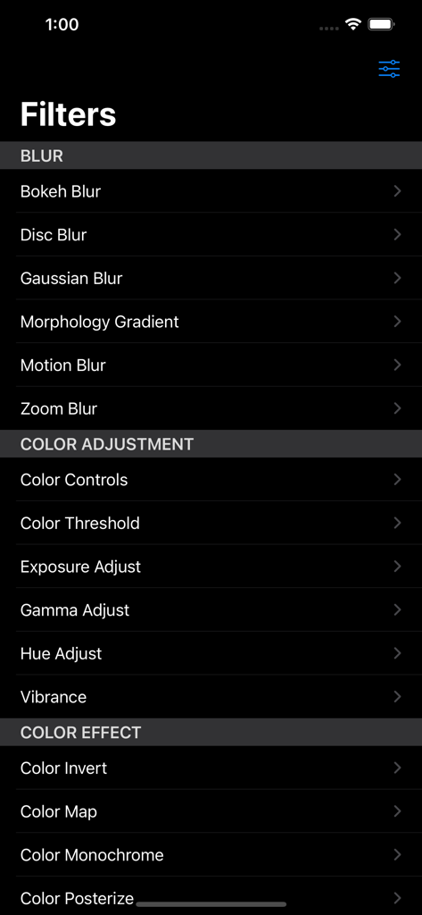 Uma captura de tela do menu do aplicativo Image Filters mostrando várias opções de filtros de desfoque e ajuste de cor em uma interface de modo escuro.