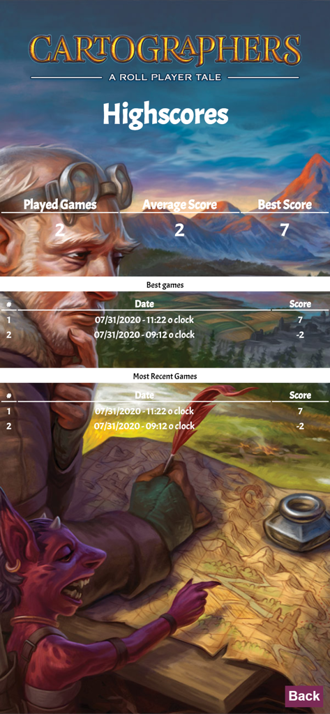 Cartographers - L'écran des meilleurs scores de l'application Cartographers montrant les statistiques des parties jouées, le score moyen et le meilleur score, ainsi qu'une liste des parties récentes sur un fond thématique fantastique.
