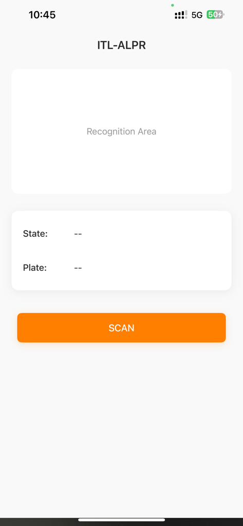 ITL-ALPR - User interface of ITL-ALPR app with recognition area and scan button for license plates.