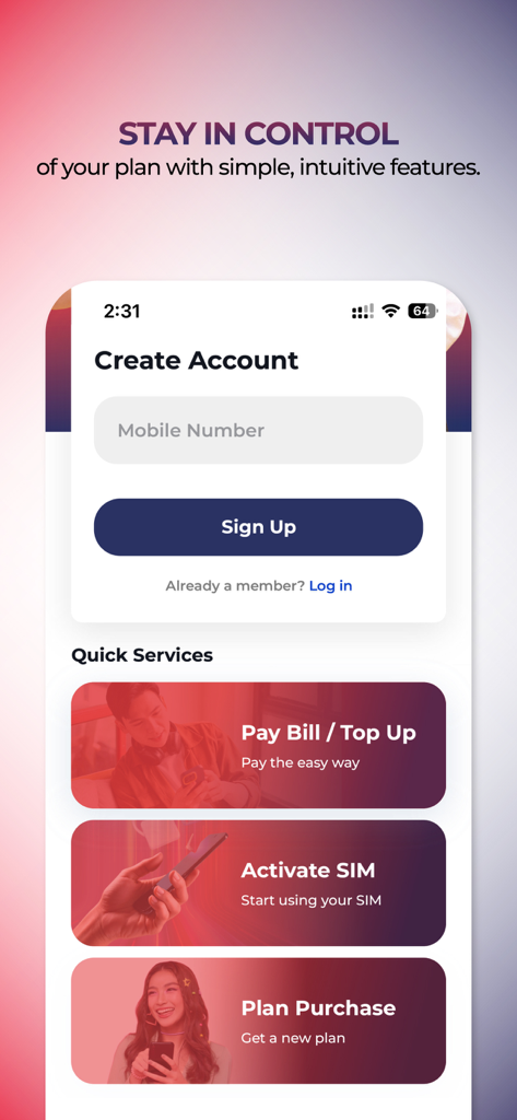 XOX 5G mobile app screen for creating an account and accessing quick services like paying bills and activating a SIM card