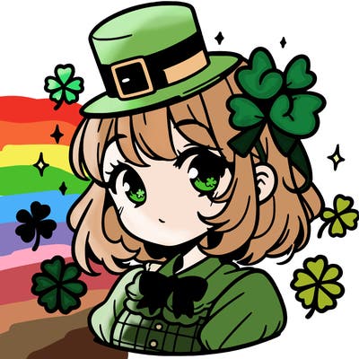 a manga-style girl with clovers around her, a little hat in her hair, like it's saint patrick's day
