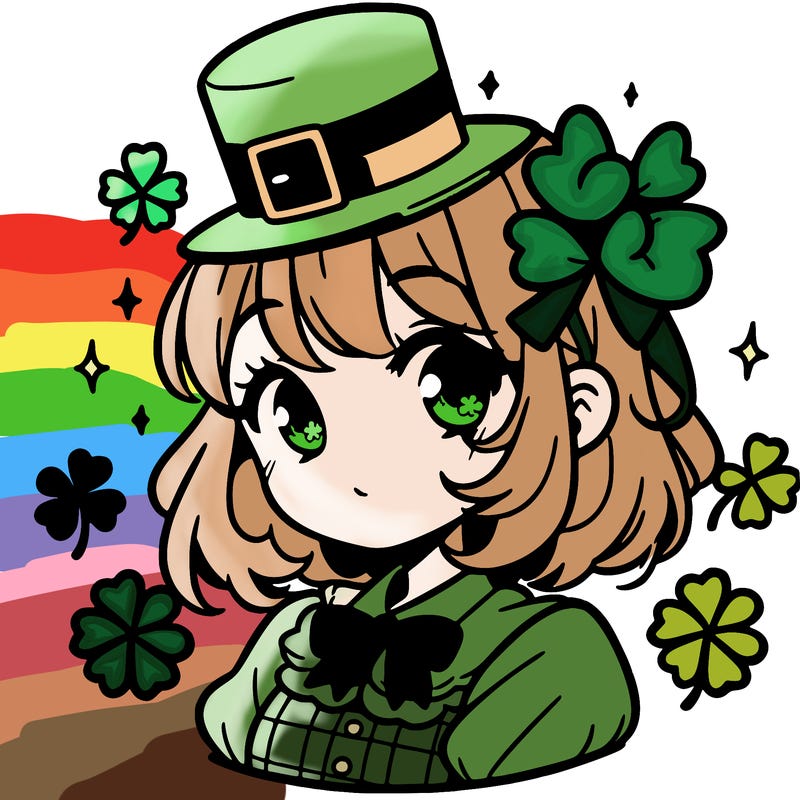a manga-style girl with clovers around her, a little hat in her hair, like it's saint patrick's day