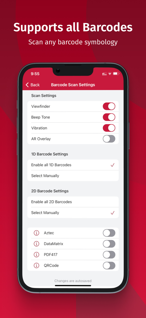 Barcode scan settings screen in Scanbot SDK displaying options for various 1D and 2D symbologies