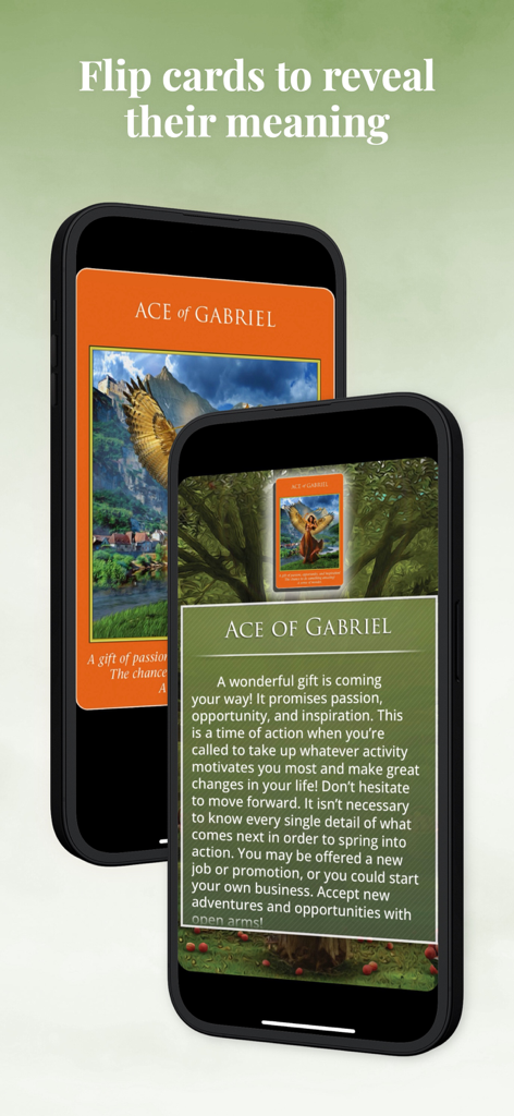 Archangel Power Tarot Cards - Two smartphones displaying the Ace of Gabriel tarot card and its detailed spiritual meaning