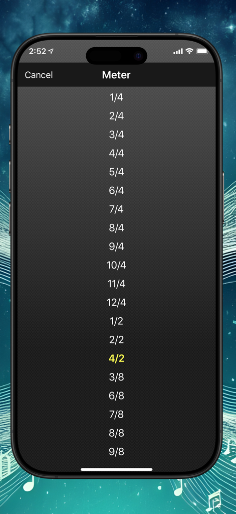 Metronome ∞ - Metronome app screen showing a list of musical meter options and time signatures