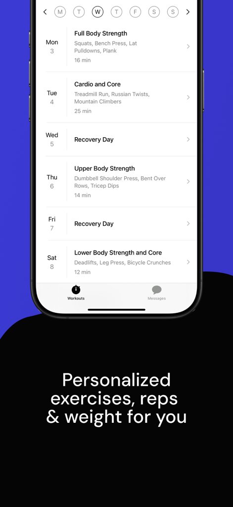 A mobile app interface displaying a personalized weekly workout schedule with strength training and recovery days.