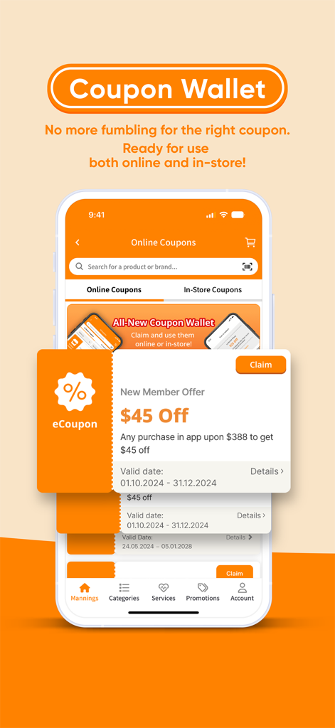 Screenshot dell'app Mannings HK che mostra il Coupon Wallet con uno sconto di quarantacinque dollari per i nuovi membri.
