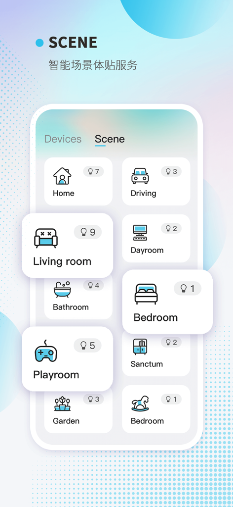 Keepsmile - The scene selection screen of the Keepsmile app featuring icons for living room playroom and bedroom lighting control
