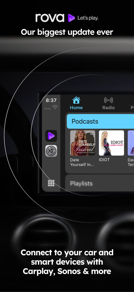rova app interface displayed on a car dashboard screen via Apple CarPlay