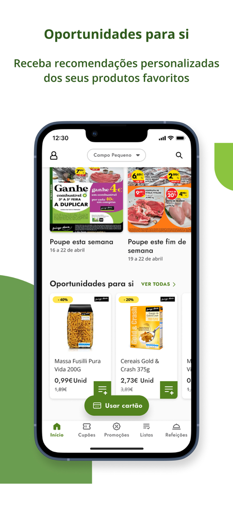 O Meu Pingo Doce - Pantalla de la app O Meu Pingo Doce mostrando recomendaciones personalizadas de productos y descuentos semanales