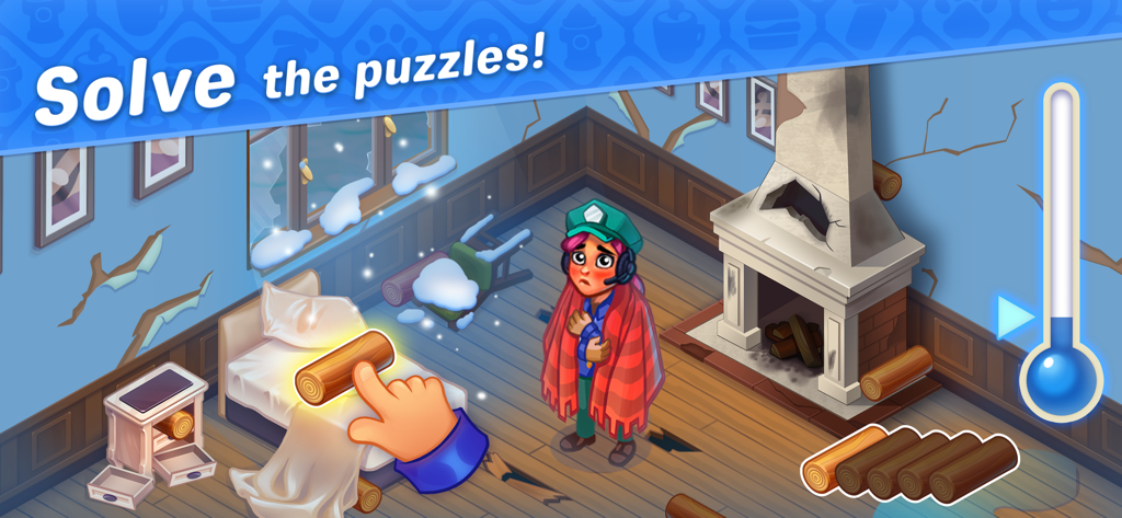 Rescue Dash - Um personagem tremendo em uma sala fria precisa de ajuda para acender uma lareira para se aquecer em um quebra-cabeça de Rescue Dash