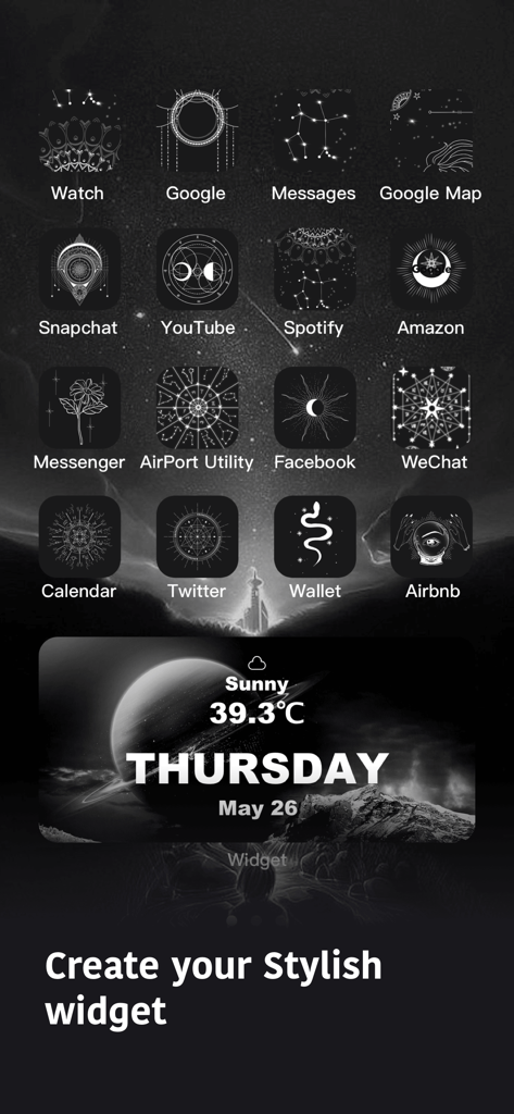 Custom iPhone home screen with a mystical celestial theme and stylish weather widget