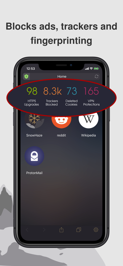SnowHaze App-Dashboard mit Statistiken zu blockierten Trackern und Fingerprinting-Schutz