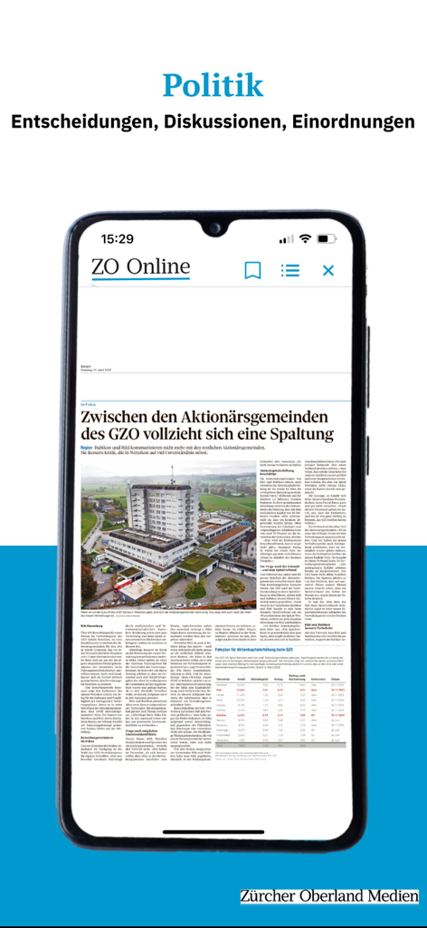 ZO E-Paper - Visão móvel de um artigo de notícia política regional no aplicativo ZO E-Paper