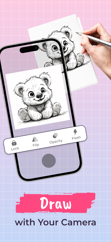 Ar Drawing: Paint & Sketch Art - Calando un boceto de oso de peluche en papel usando la aplicación AR Drawing en un iPhone.