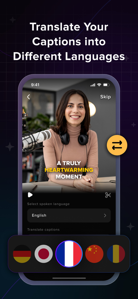 A mobile interface of the AI Captions app showing the feature to translate video subtitles into different languages like French German and Chinese.