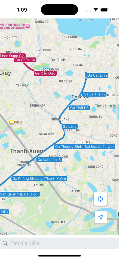 Metro Hanoi - Interface of the Metro Hanoi app showing the subway lines and station names on a city map