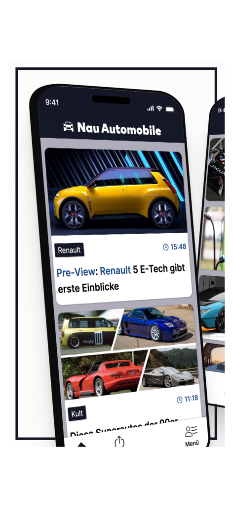 Nau Automobile - Pantalla de smartphone de la aplicación Nau Automobile que muestra artículos de noticias de coches y fotografía automotriz de alta calidad
