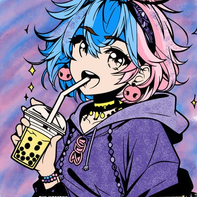 hot baddie anime girl drinking boba and biting the straw