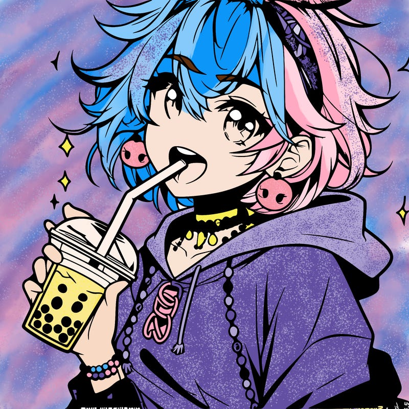 hot baddie anime girl drinking boba and biting the straw