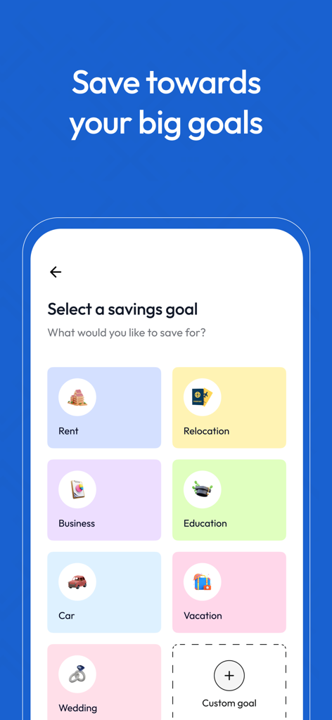 Zedcrest Wealth - Zedcrest Wealth app interface showing various savings goals like relocation education and business