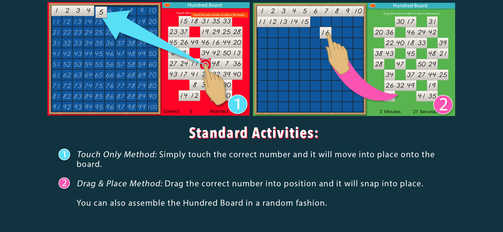 Hundred Board School Edition - Infographic demonstrating the touch and drag methods for placing numbers on a Montessori hundred board.