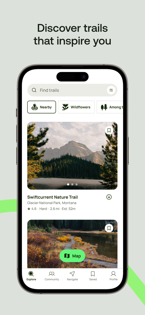 AllTrails mobile app interface showing trail search and discovery features with mountain and forest trail suggestions