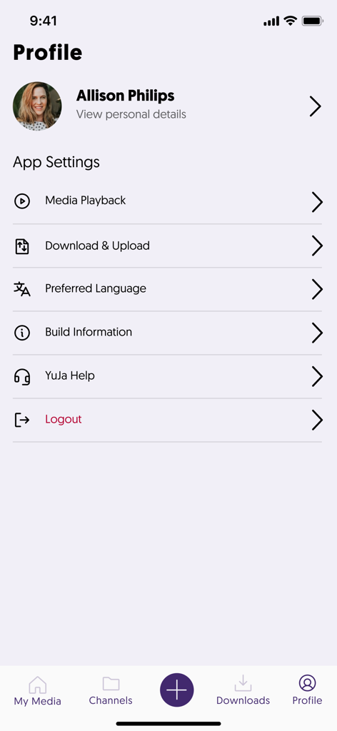 YuJa Lumina - Menu de perfil do usuário e configurações do aplicativo na aplicação de plataforma de vídeo educacional YuJa Lumina