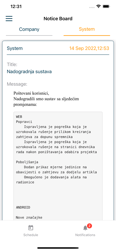 STAS Organizer - Interfaccia della bacheca dell'app STAS Organizer che visualizza notifiche di aggiornamento di sistema e note di rilascio.